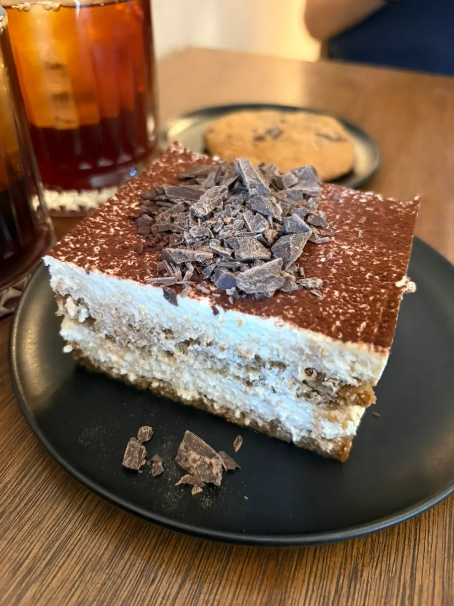 Classic tiramisu topped with chocolate