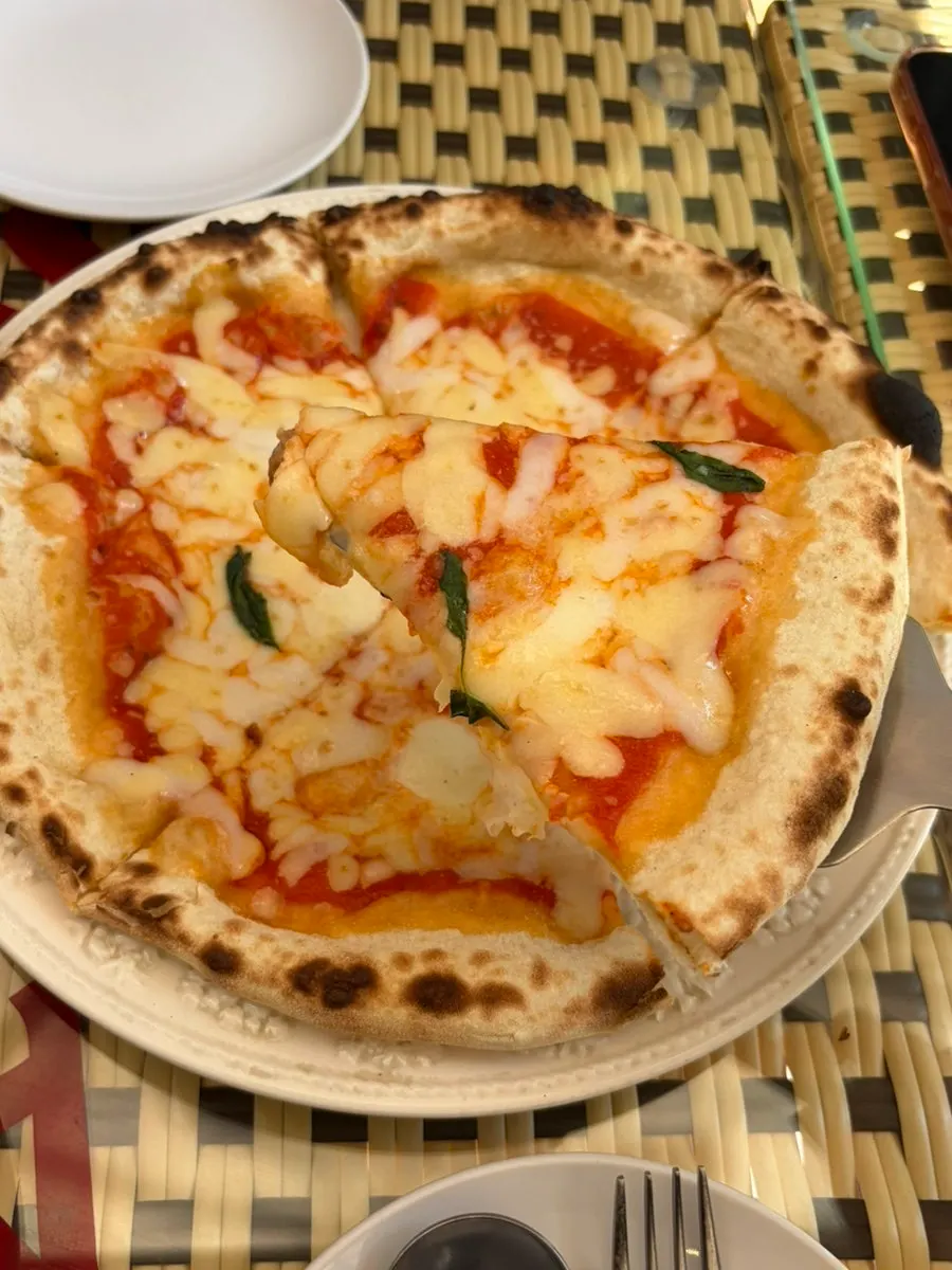 Cross-section of a slice of Margherita pizza taken from the pie
