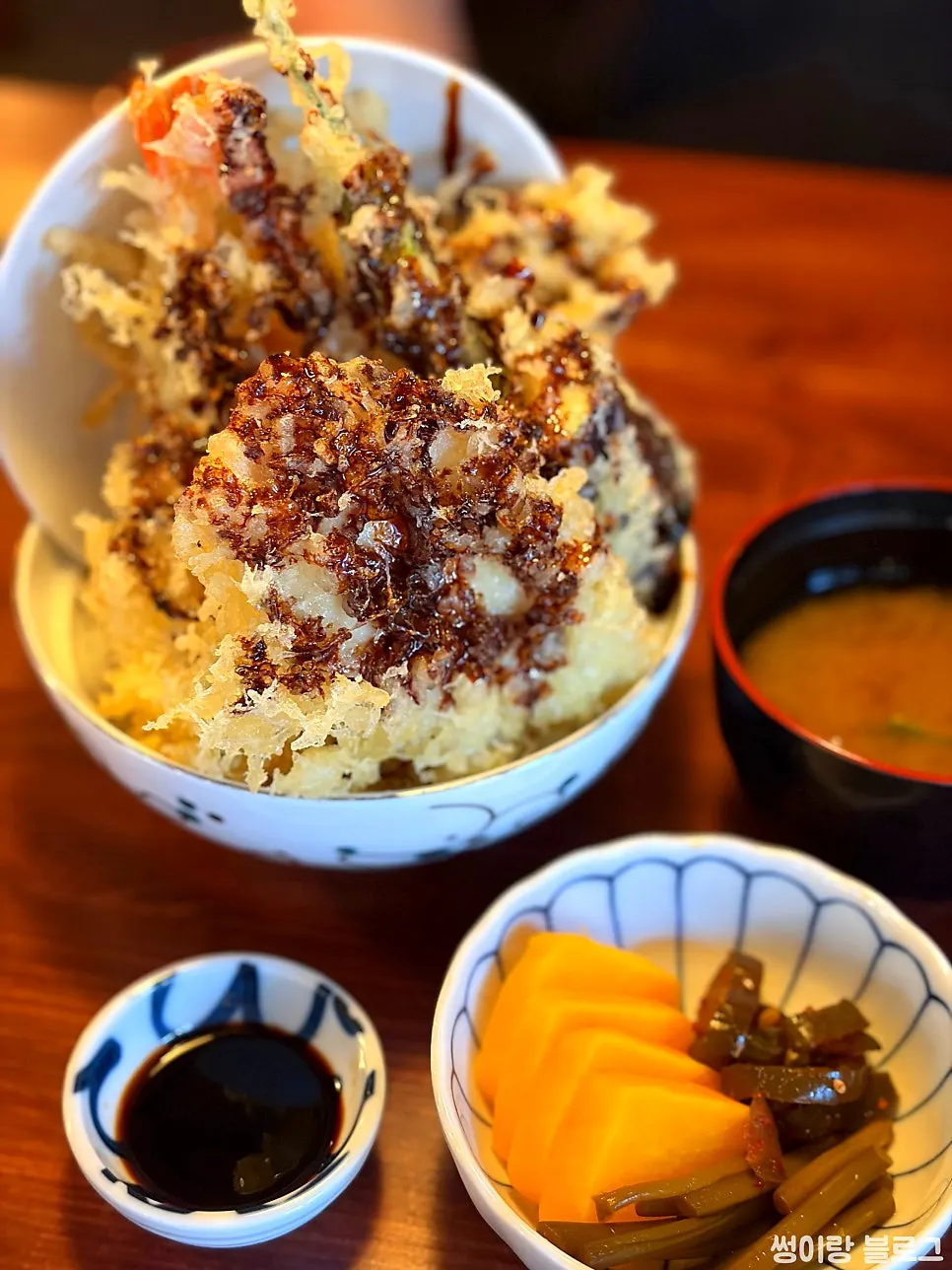 Full view of tendon topped with shrimp tempura