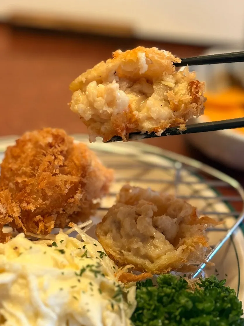 Inside of a potato cream croquette cut in half