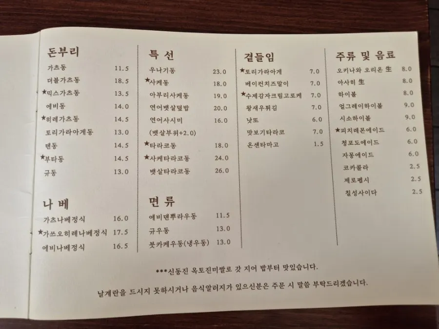 Menu listing rice bowls and side dishes