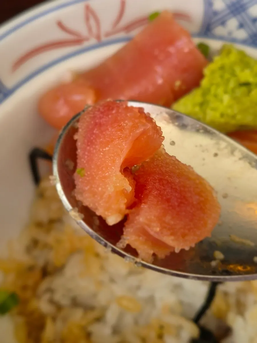 Sake tarako-don mixed to a moist, glossy finish