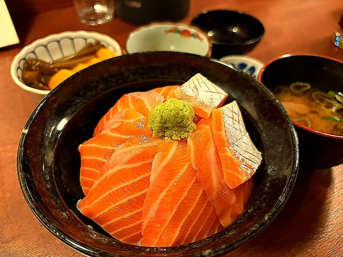 Salmon belly rice bowl piled high with salmon belly
