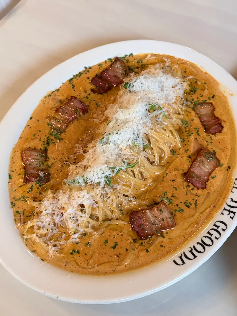 Honey bacon rosé pasta topped with honey-glazed bacon