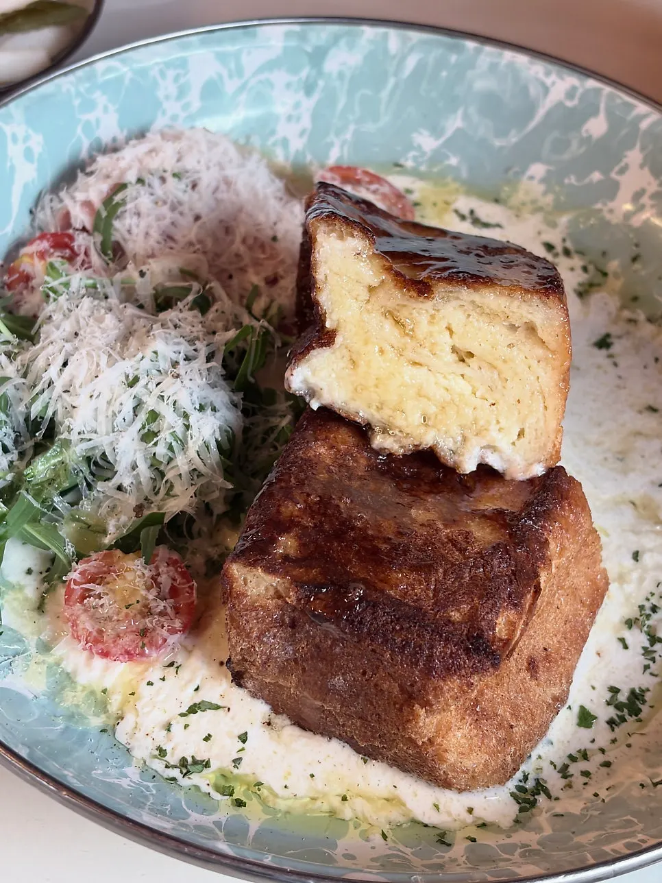 Cross-section of the French toast showing its texture