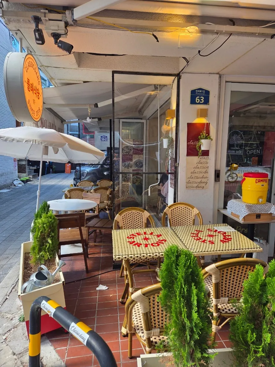 Water and cups set up outside the restaurant