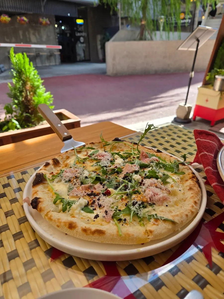 The lasagna plate set on the outdoor table