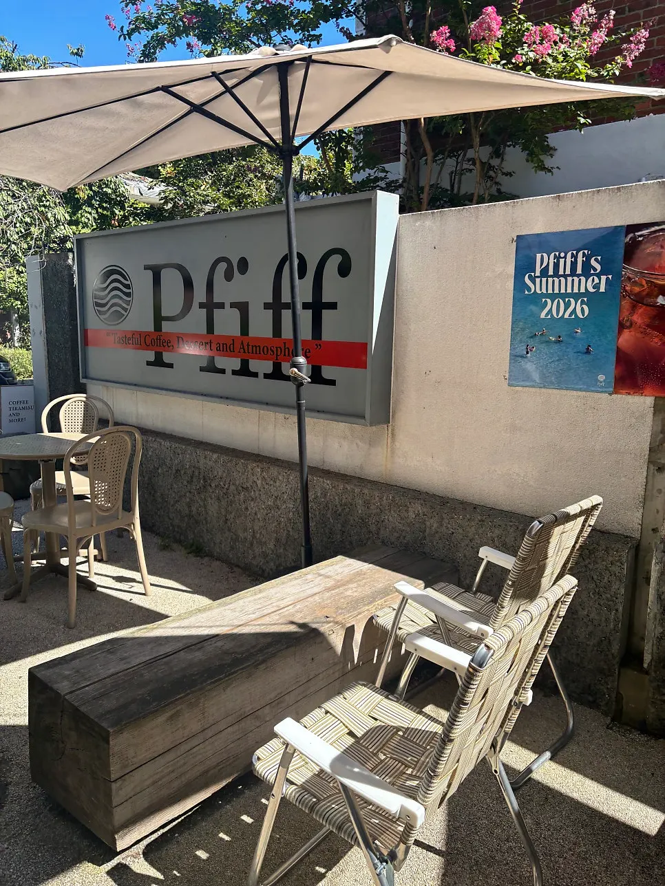 Sunny outdoor terrace seats at Pip Espresso Bar