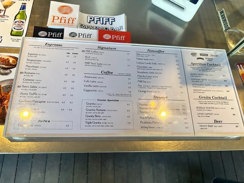 Pip Espresso Bar's menu board listing espresso and coffee options