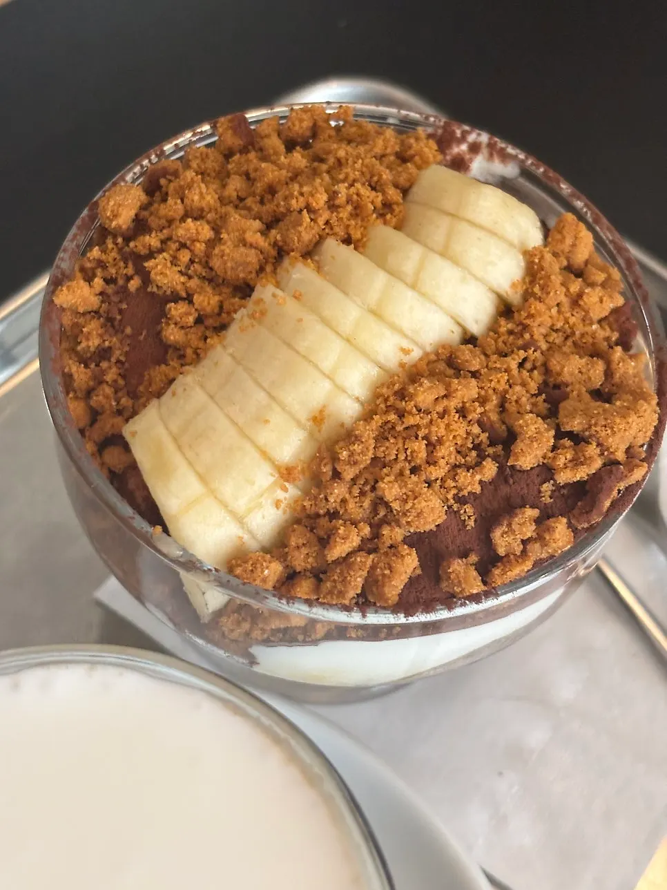 Close-up of tiramisu banana crumble toppings