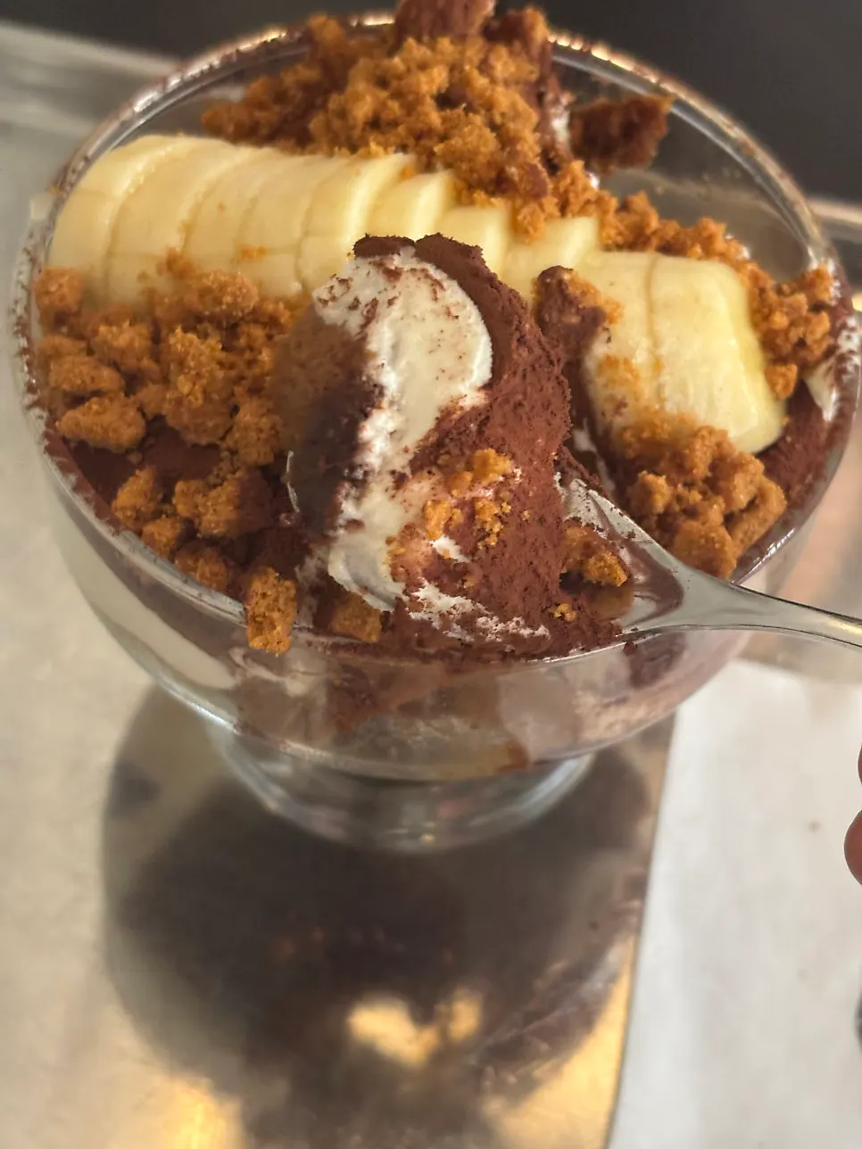 Cross-section of tiramisu soaked with espresso