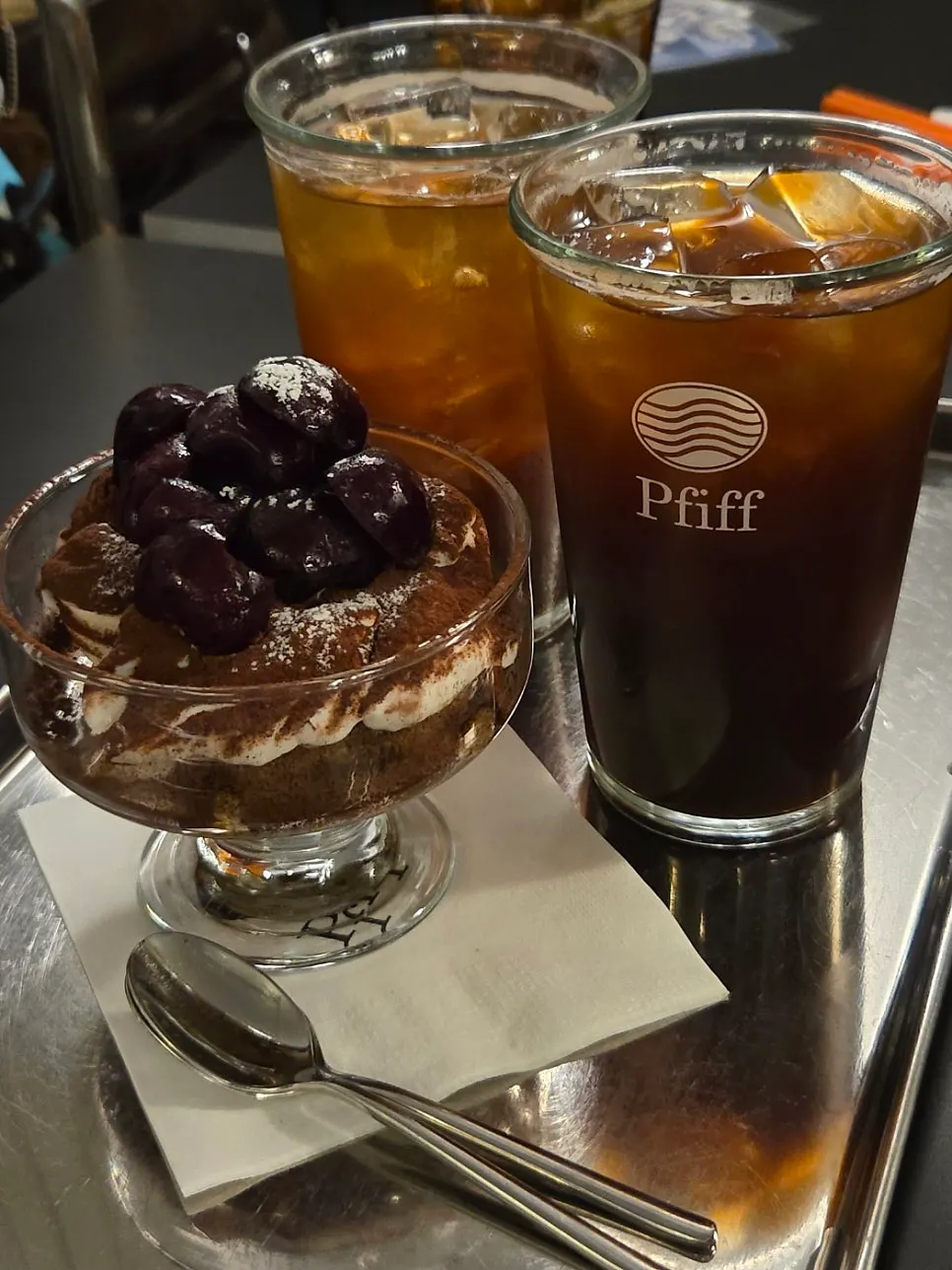 Drinks and dessert ordered at the café