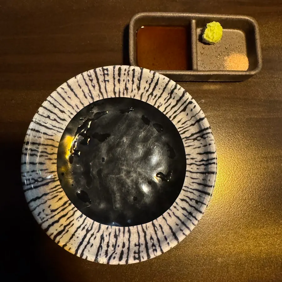Individual soy sauce, wasabi, and salt