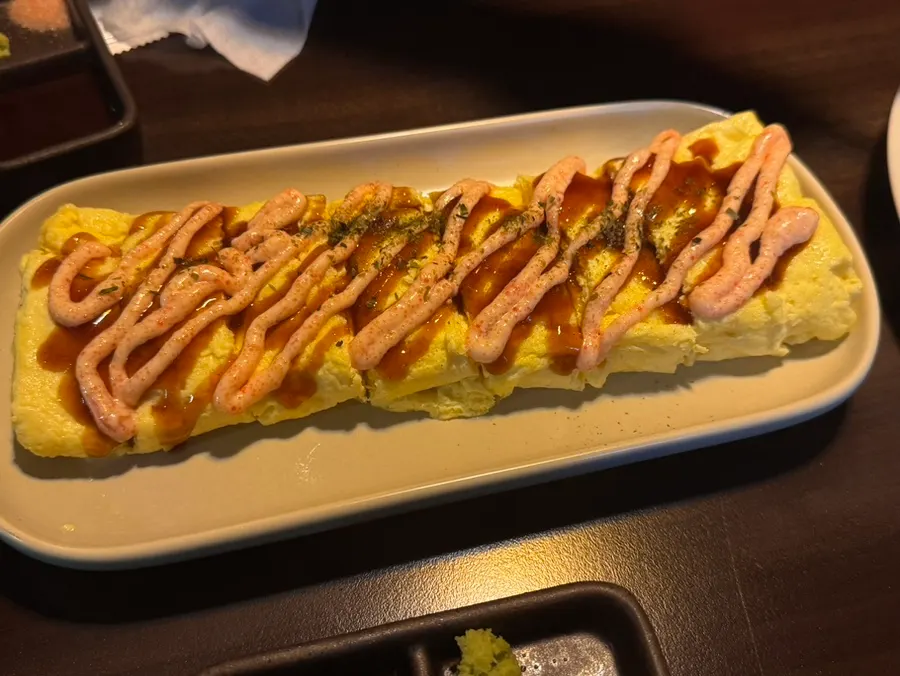 Mentaiko cheese rolled omelet topped with mentaiko mayo