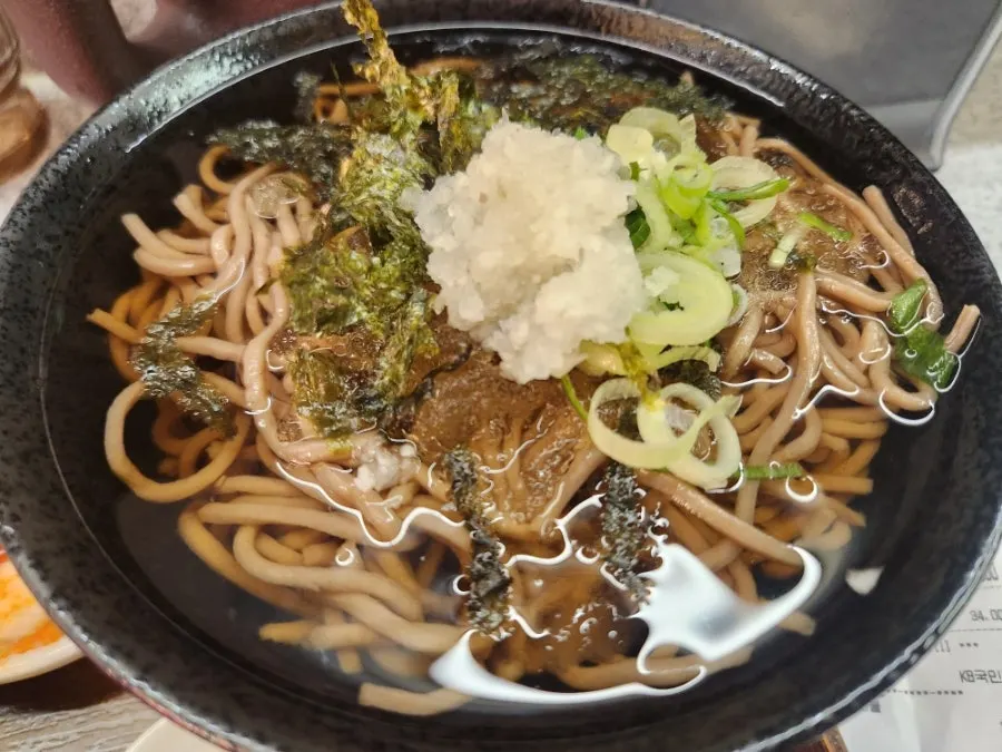 Close-up of cold soba noodles and broth