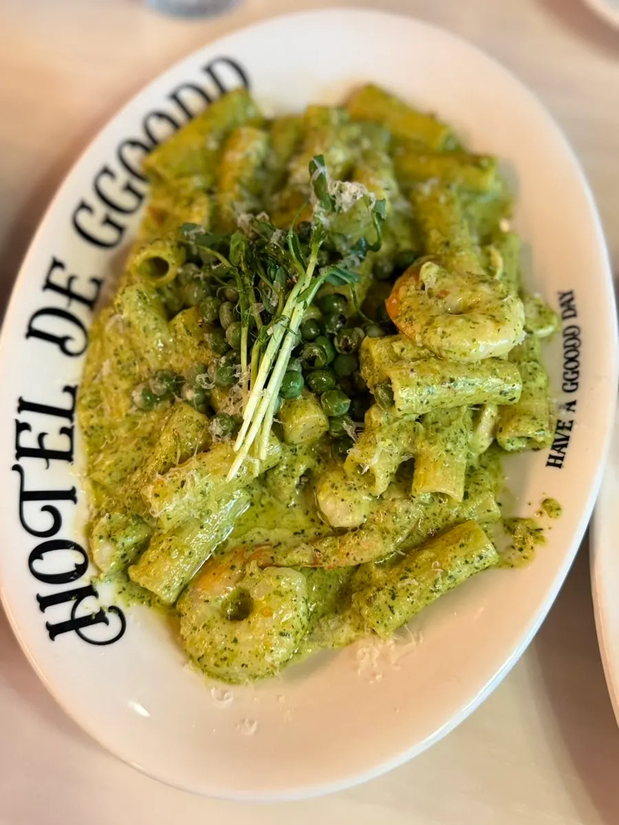 Plate of pea basil shrimp cream pasta