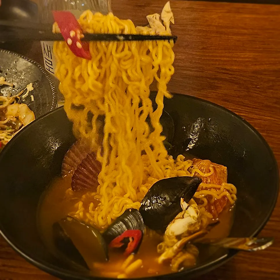 A bowl of spicy seafood ramyeon