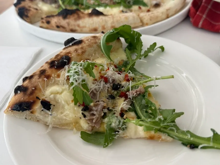 A meal with wood-fired pizza in front of us