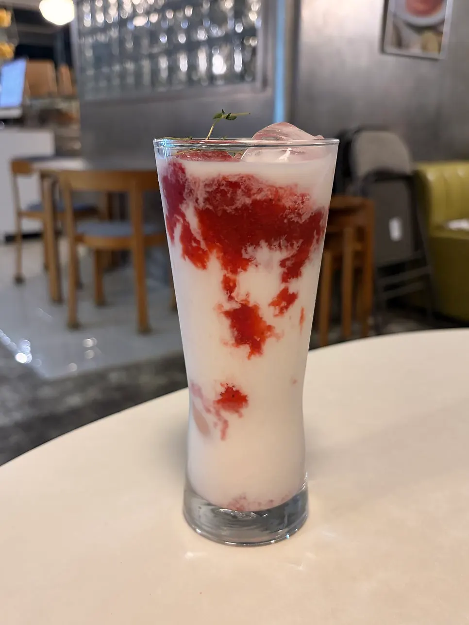 A glass of fresh strawberry milk at Jam Jam