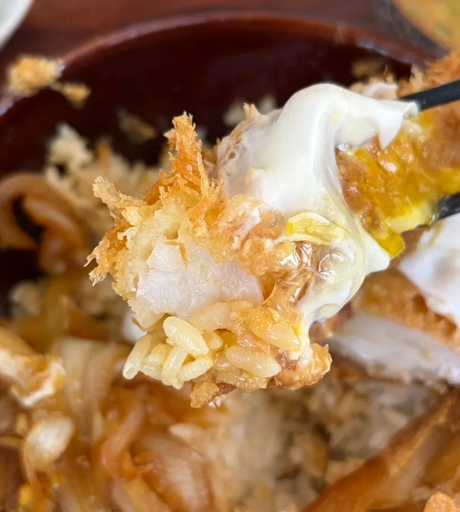 ぷりぷりのエビフライが見えるミックスかつ丼