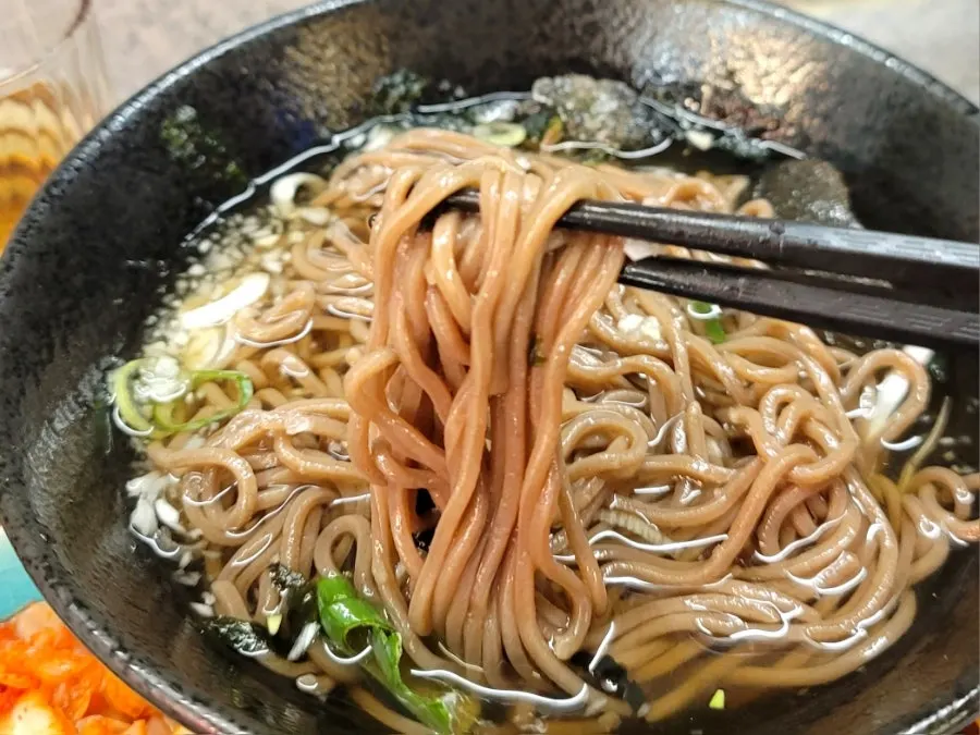 Cold soba topped with scallions, seaweed, and shaved ice
