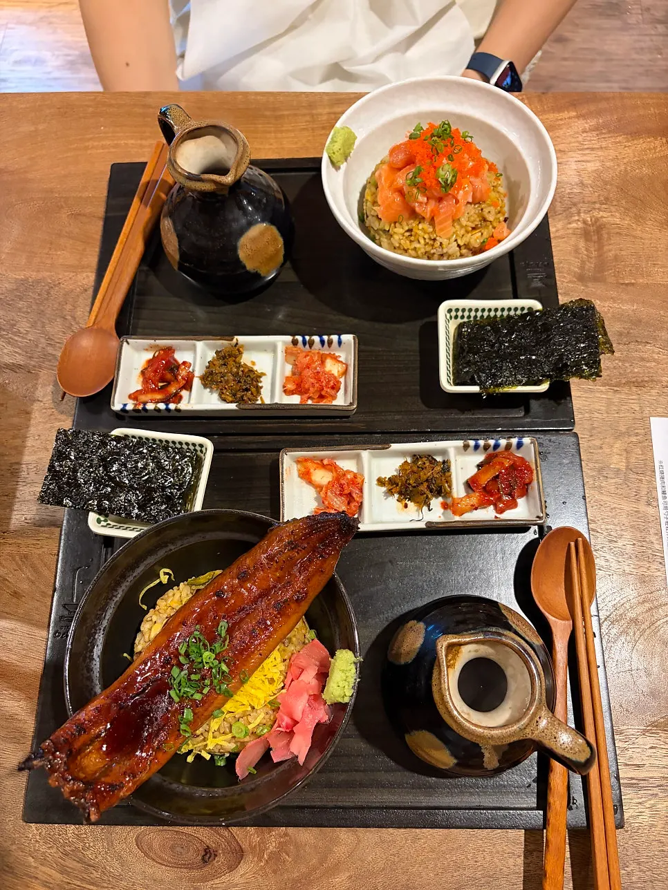 A full spread of unagi chazuke and sake chazuke