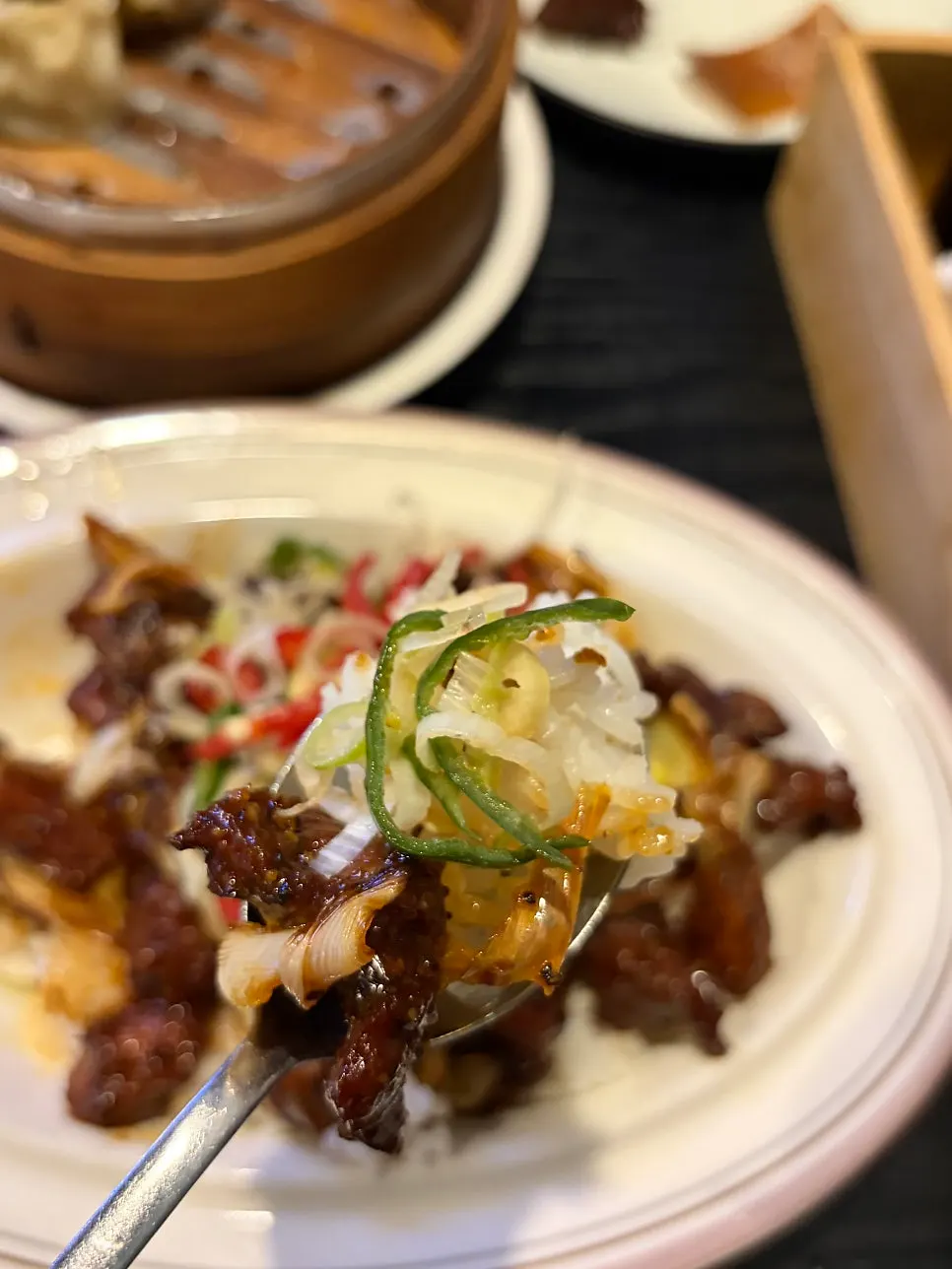 Black pepper beef rice bowl at Panda Dim Sum