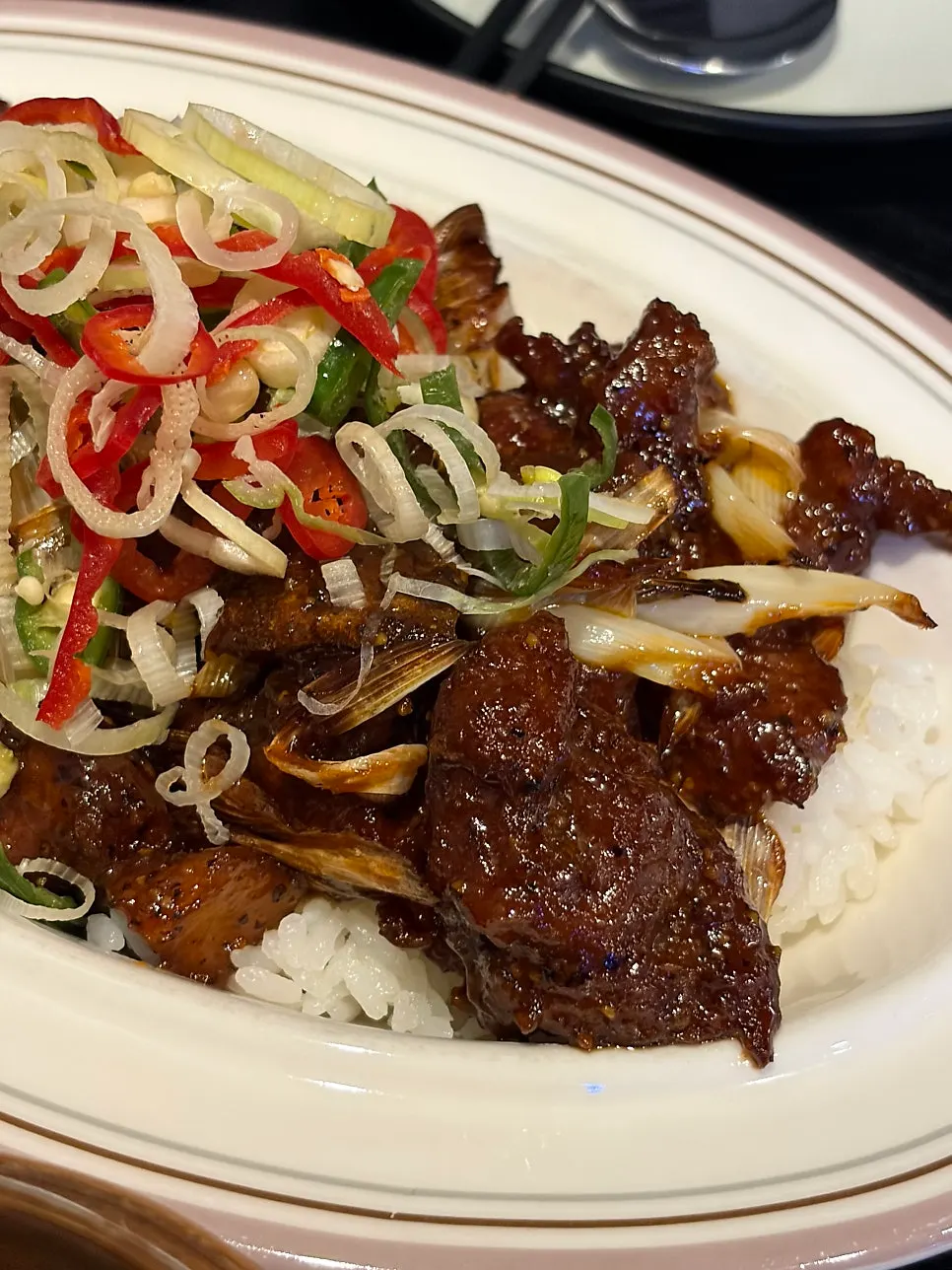 Black pepper beef rice bowl at Panda Dim Sum