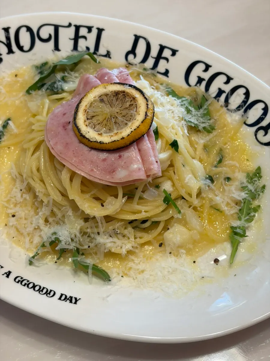 A plate of mortadella lemon butter pasta