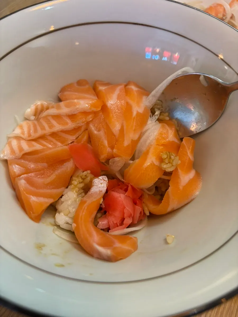 Close-up of rice and salmon in the bowl
