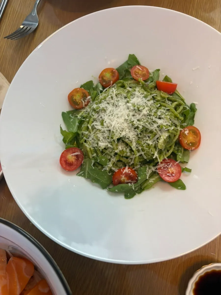 Close-up of the basil pesto pasta noodles