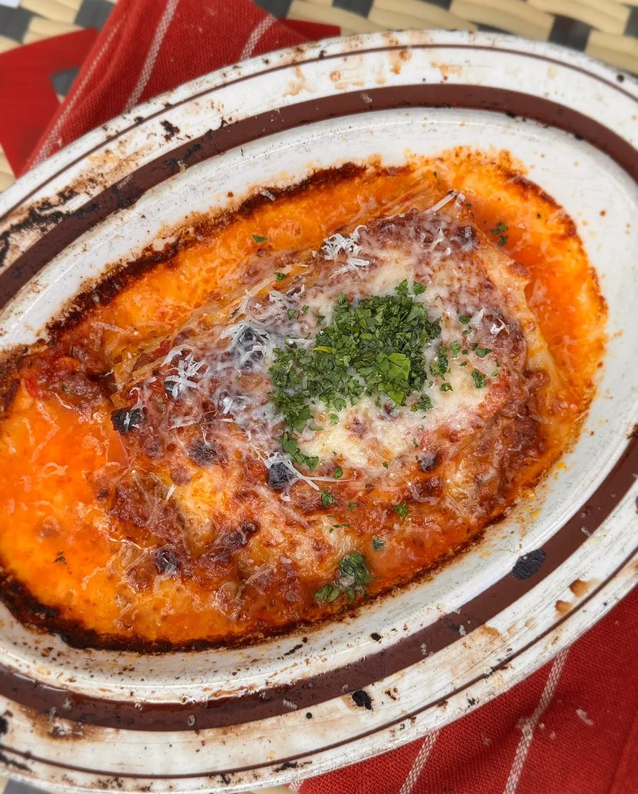 Lasagna topped with cheese