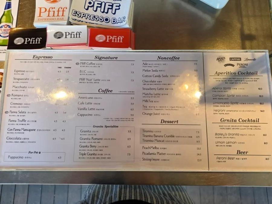 Order counter and menu at Pip Espresso Bar