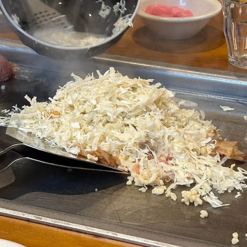 Mentaiko monjayaki with mochi and cheese