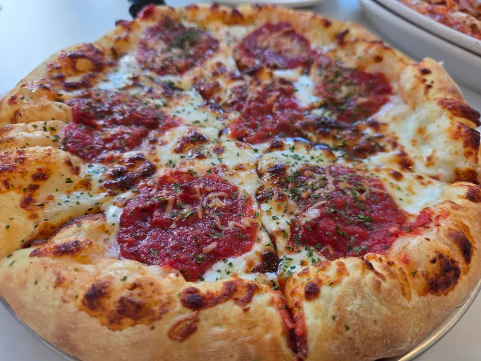 Table with both margherita pizza and oven pasta together