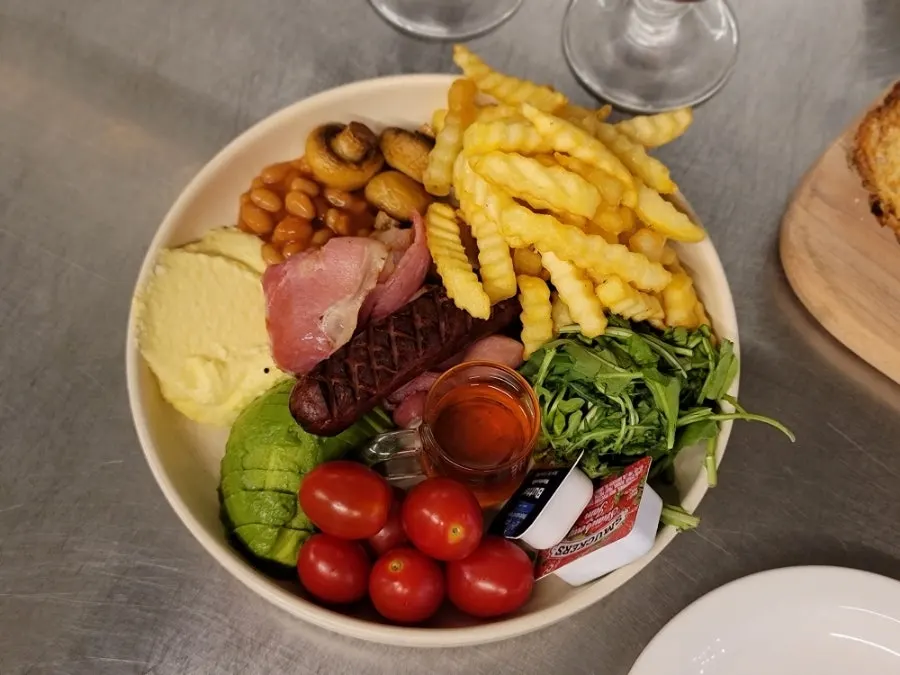Brunch with French fries and vegetables