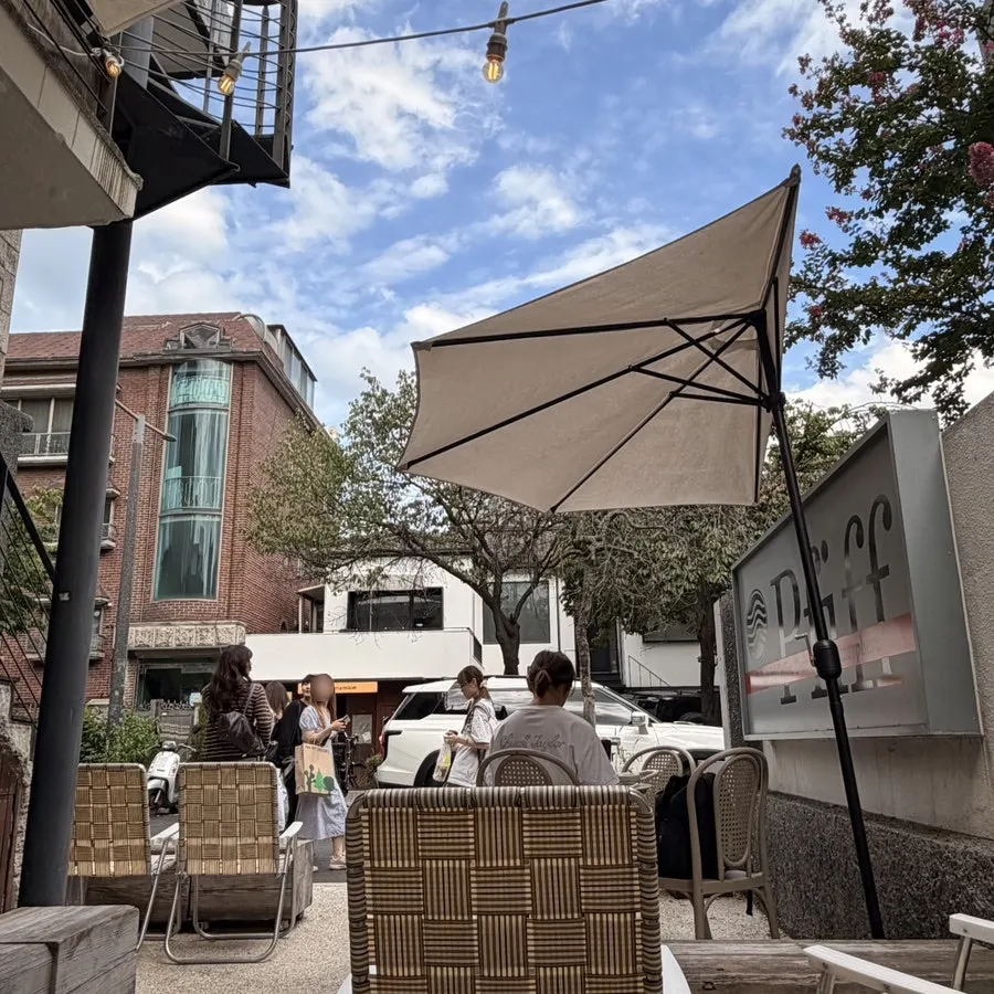 Exterior of Pip Espresso Bar's terrace seating in Yeonnam-dong