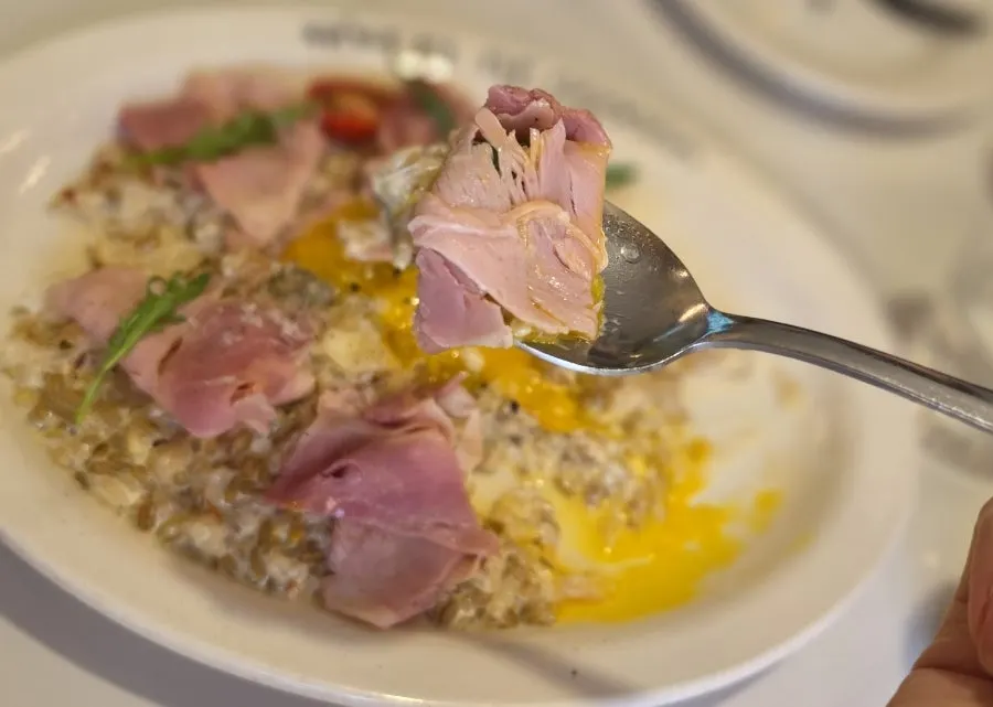 Close-up of truffle cream risotto topped with jambon