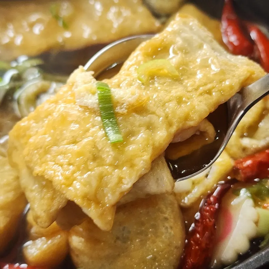 Close-up of the fried tofu eomuk soup broth