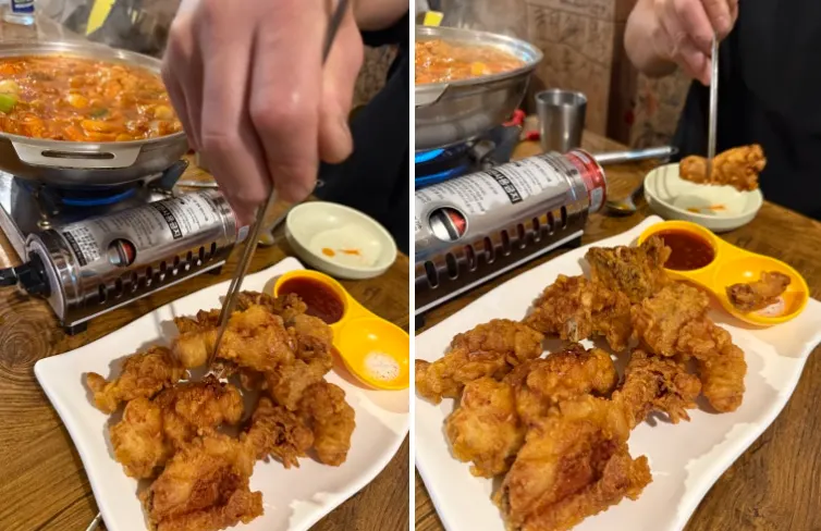 Chicken stew and fried chicken placed together on the table