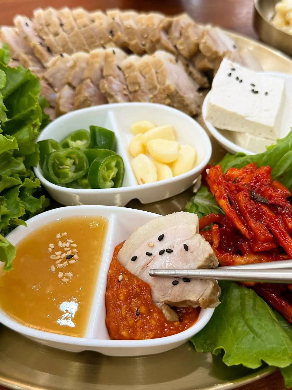 Close-up of a tender piece of bossam pork