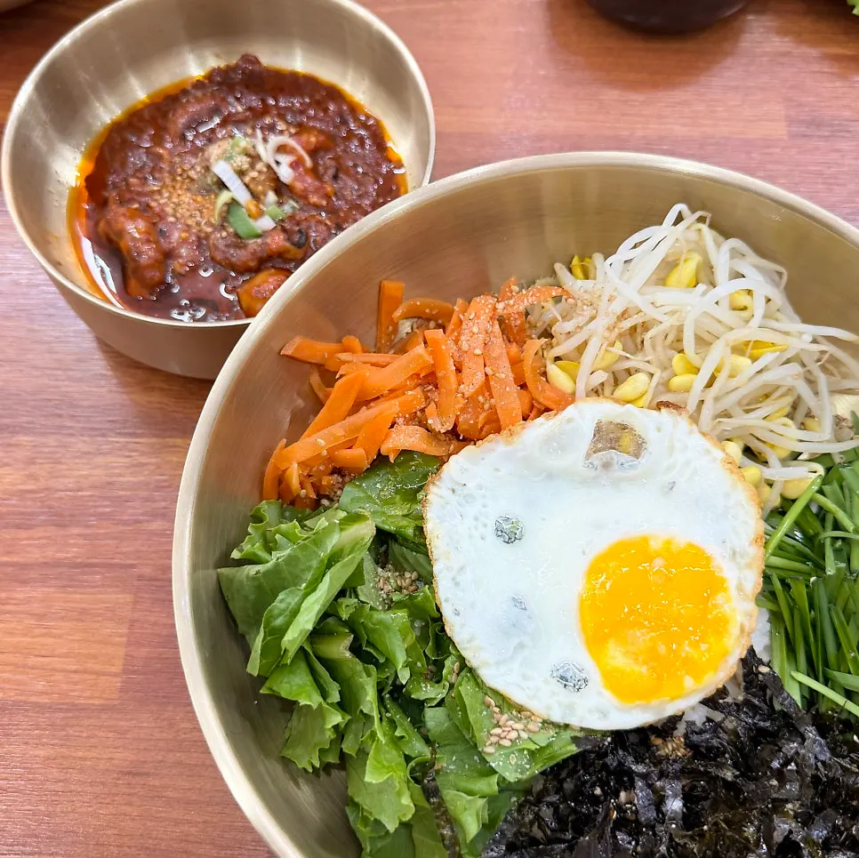 Octopus bibimbap served with the octopus seasoning on the side