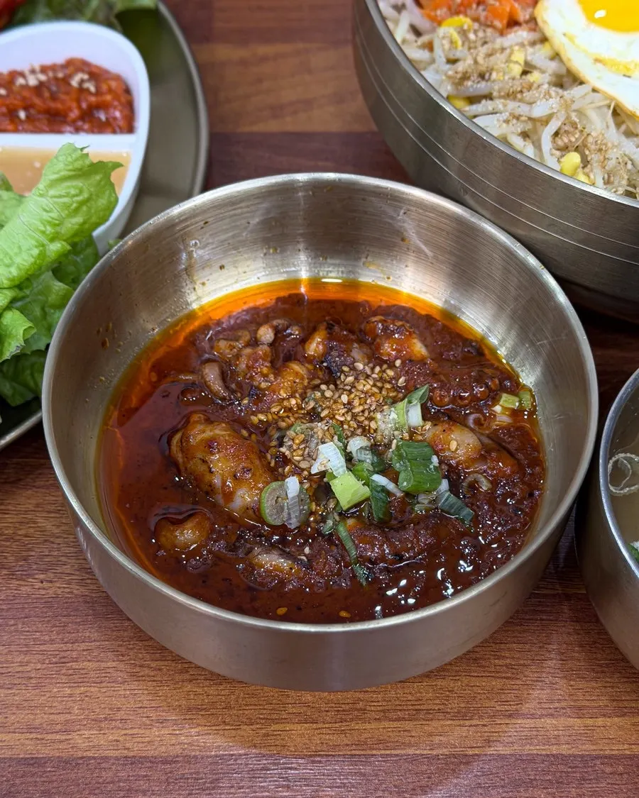 Close-up of the octopus bibimbap spread
