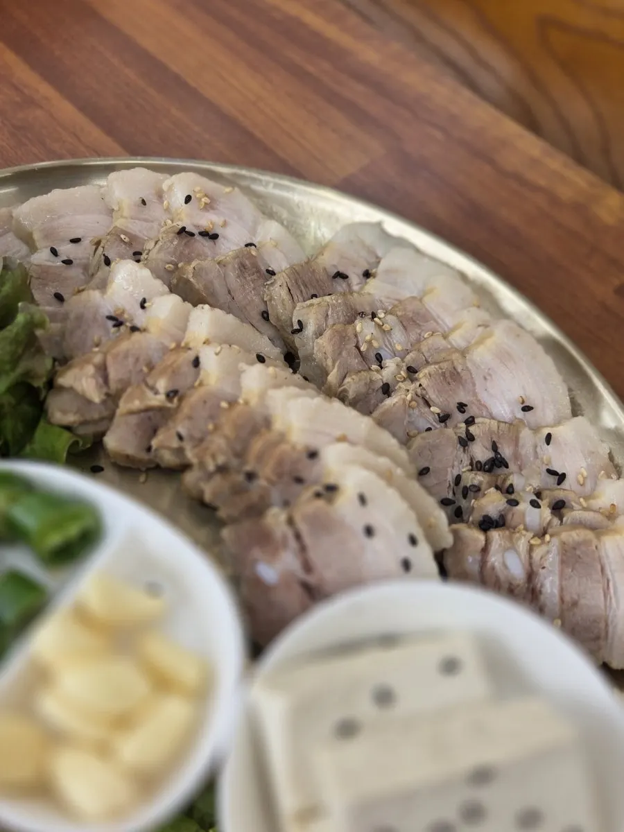 Close-up of thickly sliced bossam pork