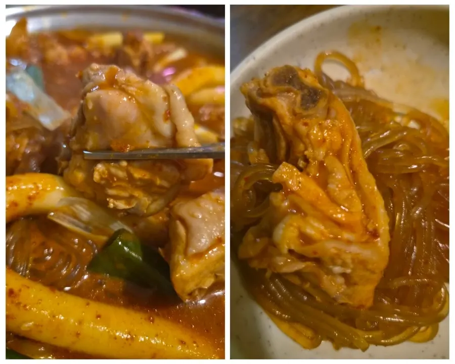Close-up of dakdoritang ingredients soaked in sauce