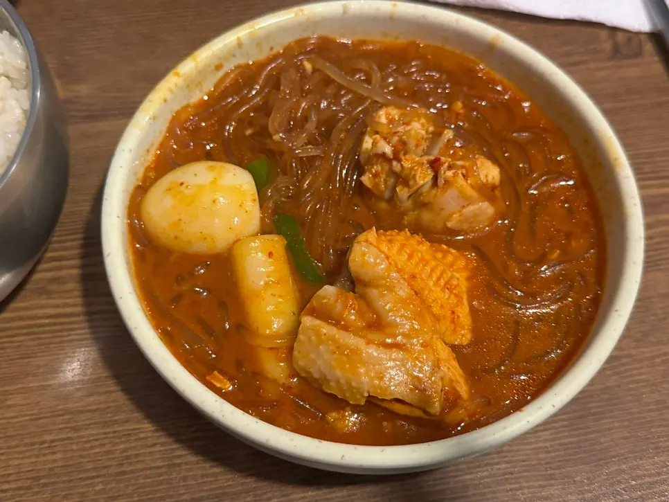 Close-up of the hearty, spicy chicken stew broth