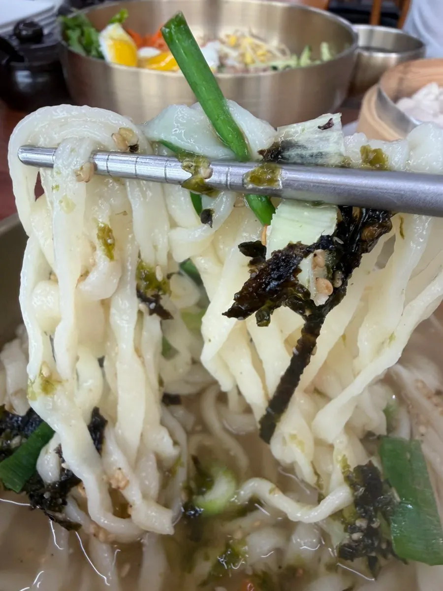 자가제면 생면을 건져 올린 멸치칼국수