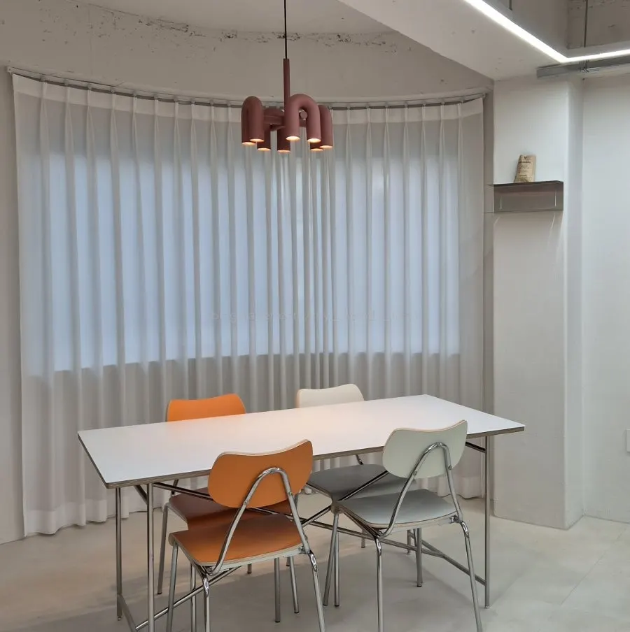 Workshop interior with two-person work tables