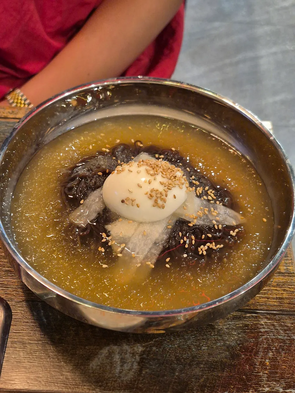 A bowl of arrowroot noodle mul-naengmyeon