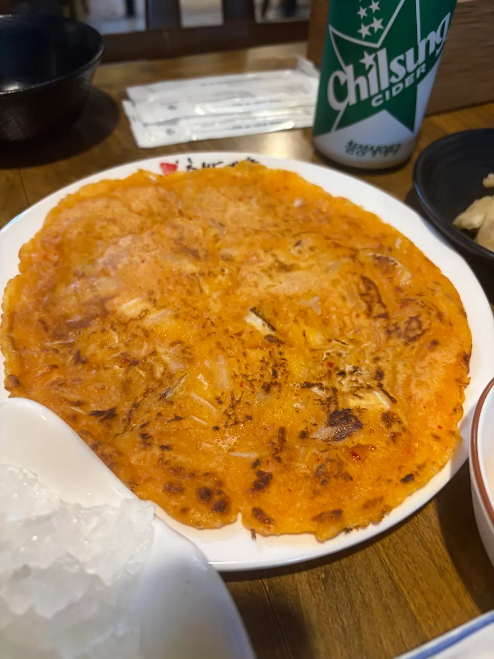 Freshly grilled kimchi pancake from the self-serve bar